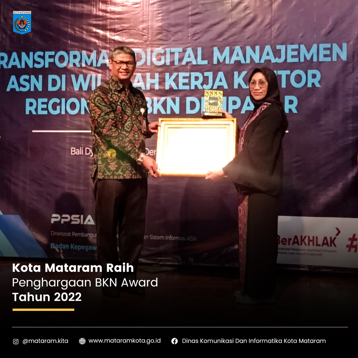 Kota Mataram Raih Penghargaan BKN Award Tahun 2022