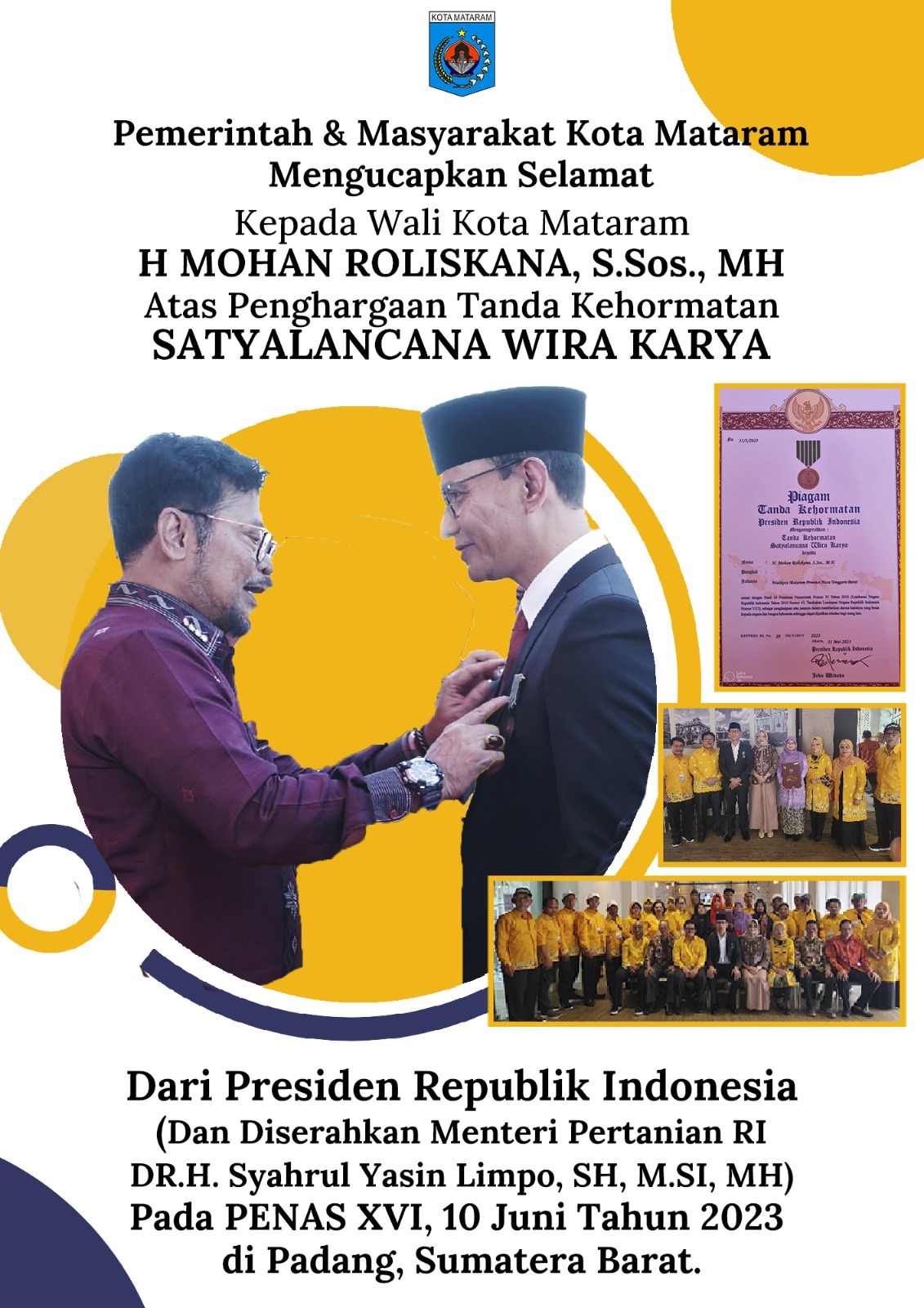 Selamat Kepada Wali Kota Mataram atas Penghargaan Tanda Kehormatan SATYALANCANA WIRA KARYA