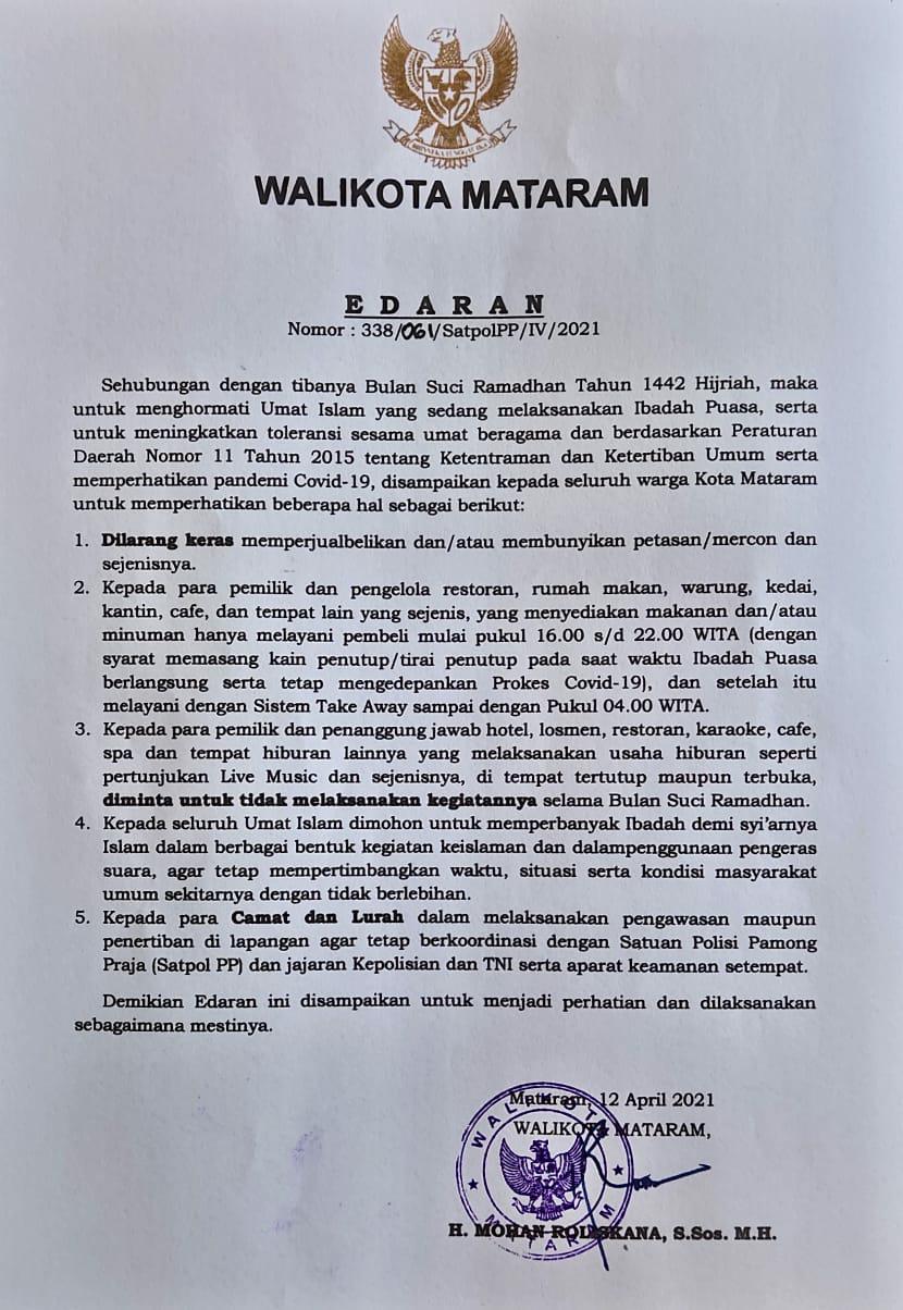 Surat Edaran Wali Kota Mataram Sehubungan Dengan Bulan Suci Ramadhan 1442 H