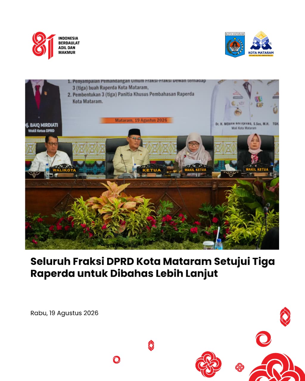 Seluruh Fraksi DPRD Kota Mataram Setujui Tiga Raperda untuk Dibahas Lebih Lanjut
