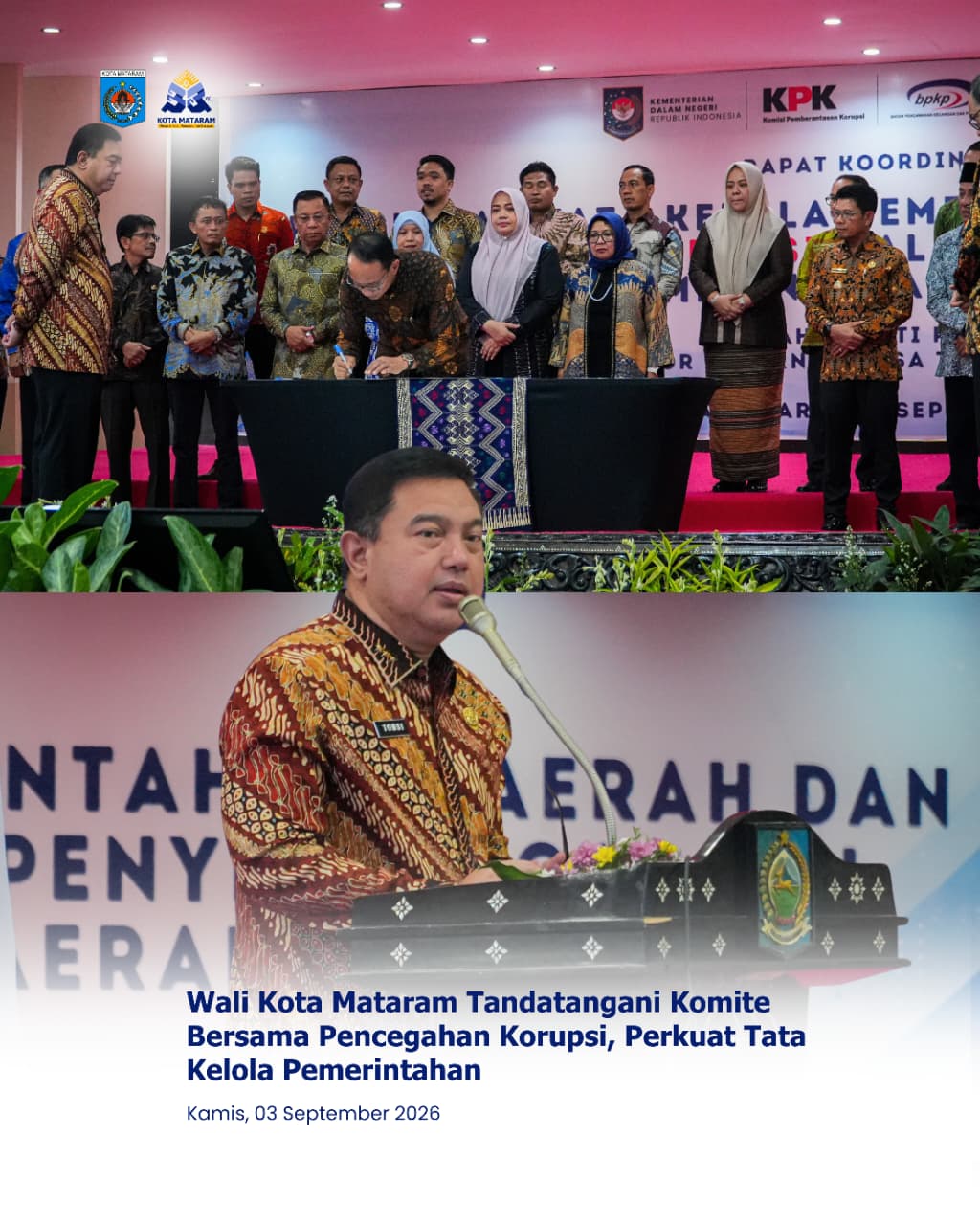 Wali Kota Mataram Tandatangani Komite Bersama Pencegahan Korupsi, Perkuat Tata Kelola Pemerintahan